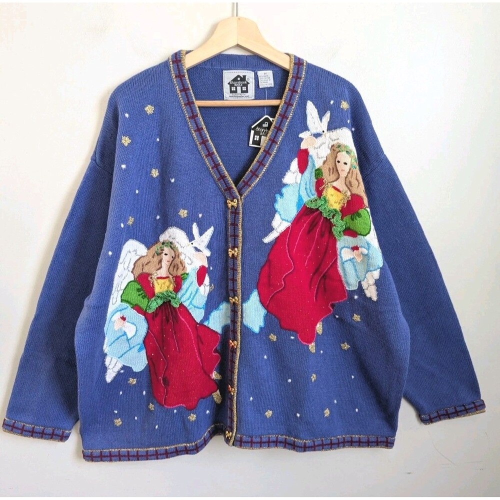 Storybook Knits 3X Cotton Cardigan Teacher Sweater Angels In Flight Christmas